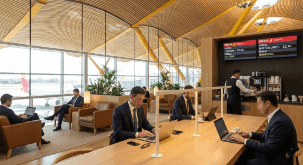 Ejecutivos en business lounge aeropuerto Barajas T4 Madrid con ordenadores portátiles, café, pantallas vuelos Iberia,