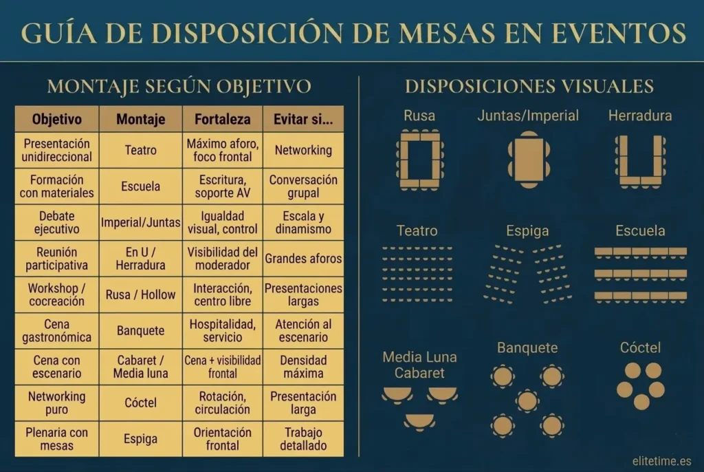 Guía rápida para elegir el montaje perfecto para eventos, comparando características y mostrando las disposiciones visuales correspondientes.